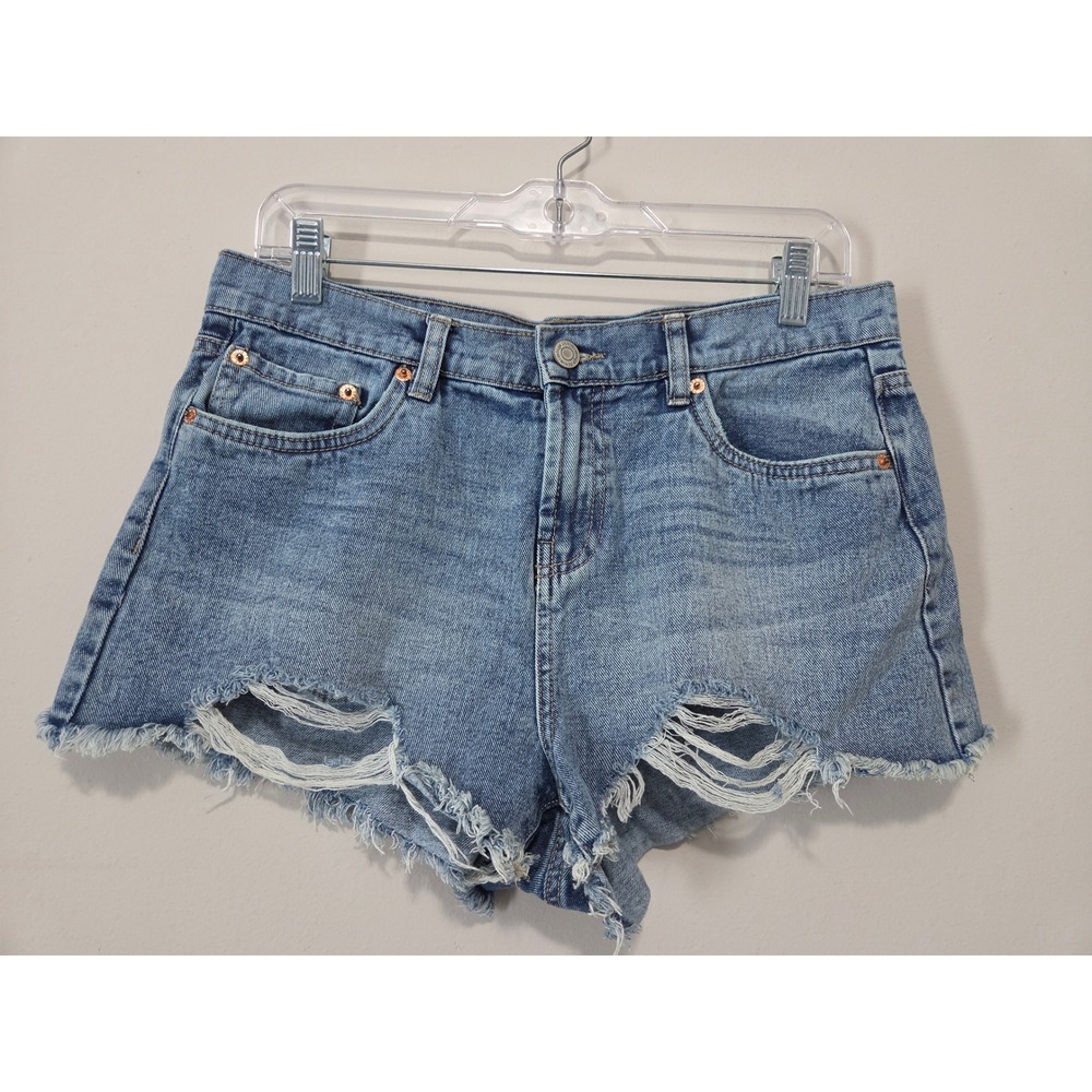 Refuge Denim Chelsea High Rise Vintage Distressed Denim Shorts Light Wash Size 7